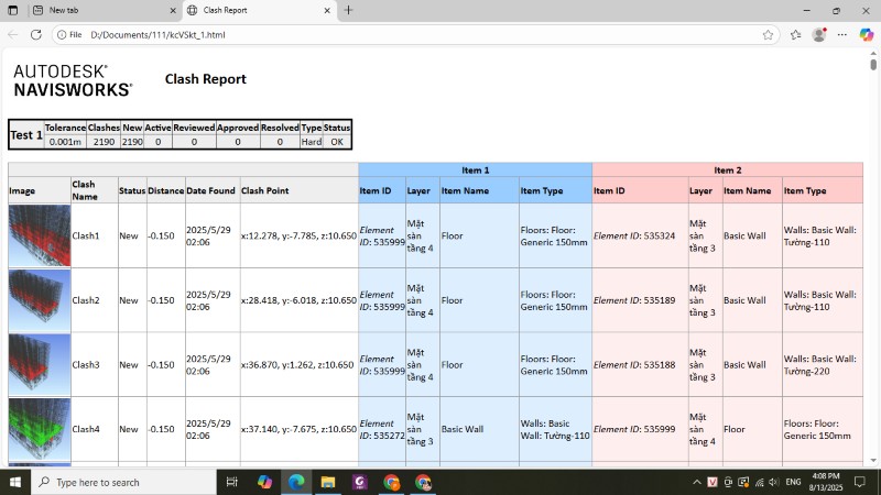 Báo cáo về các va chạm trong phần mềm Naviworks - AutoDesk của dự án nhà ở xã hội Hà Nam do công ty Đất vàng Việt Nam xây dựng
